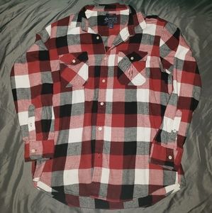 Red, black and white plaid button up